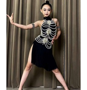 Custom size black with pearl gemsotnes competition latin dance dresses for girls kids children salsa rumba chacha fringe stage performance solo dancing costumes